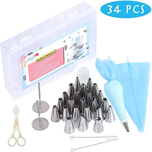 su ma Kit de Boquilla De Bolsa De Pastelería, 34PiezasHerramientas De Becoración Be Pasteles, 24 Boquillas De Acero Inoxidable, con Caja De Almacenamiento