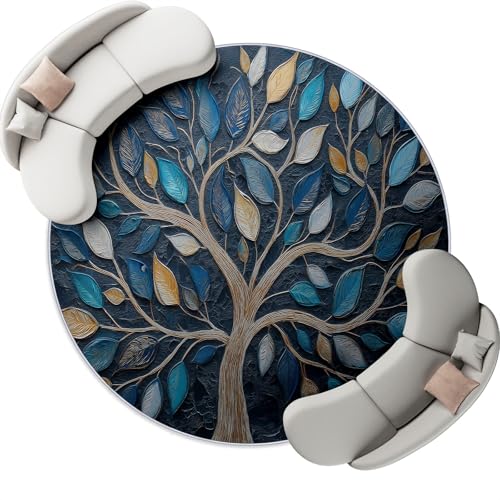 Genérico 90 cm Alfombras Redondas para Sala de Estar, 3D Lujoso Árbol De La Vida Estampada Alfombra Redonda Lavable Azul Oscuro - Pelo Corto Suave Franela Alfombras para Dormitorio Comedor