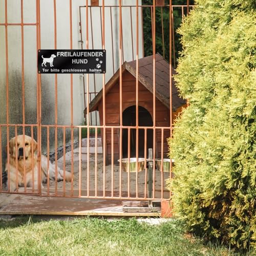 Vorsicht Freilaufender Hund Schild Tor Bitte Geschlossen Halten 25x9cm Aluminium Vintage Schwarz