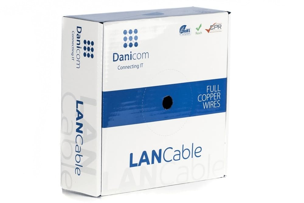 Danicom CAT6 FTP 50m câble sur bobine rigide - LSZH (Dca), POE, Ethernet, LAN, câble de raccordement, câble de données, RJ45 - pour armoire de serveur, commutateurs, routeurs, modems !
