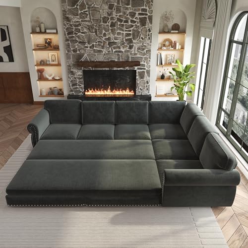 Image of KEIKI 118 inch L-Shaped Sofa Couch with Pull Out Sofa Bed, Convertible Sleeper Sectional with Rolled Arm and Nailhead Trim, Chenille Upholstered 6 Seater Couch, Dark Gray