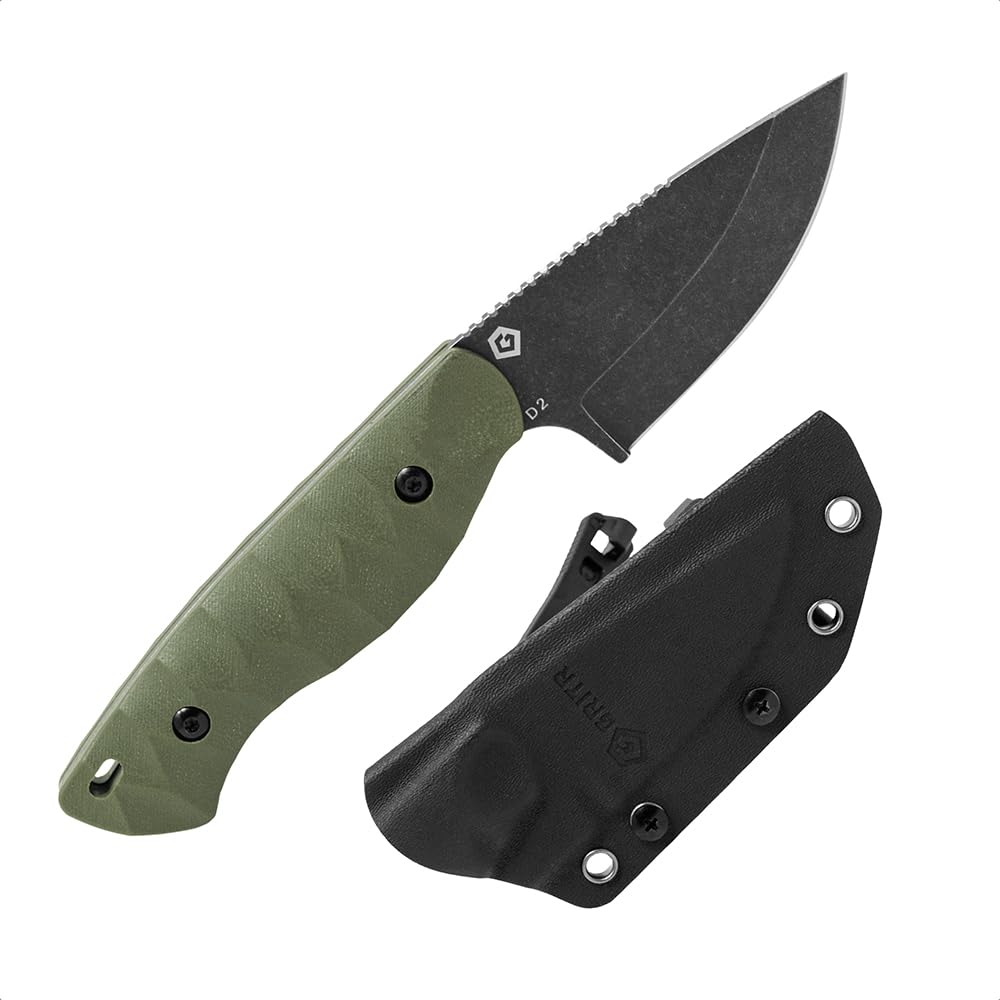 GRITR Scout Fixed Drop Point Blade Full Tang Knife with Ambidextrous Kydex Belt Sheath for Outdoor Camping, Hiking, Hunting, Fishing, Survival | EDC