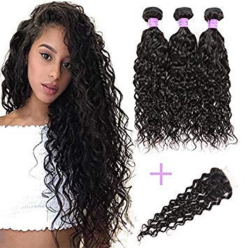 10A Brazilian Human Hair Water Wave Bundles with Closure Wet and Wavy Bundles With Frontal 100% Unprocessed 3 Bundles with 4x4 Lace Closure with Baby Hair Extensions (16, Natural Color)