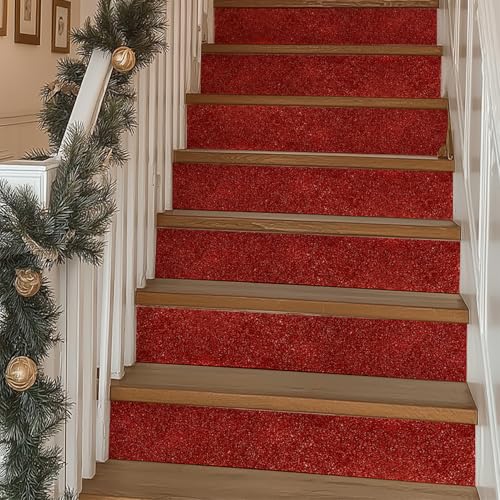 Flortlias 7Pcs Red Glitter Stair Riser Decals Peel and Stick Stair Sticker for Christmas Holiday Party Salon Home Decor, Red Glitter with Tool, 39.37