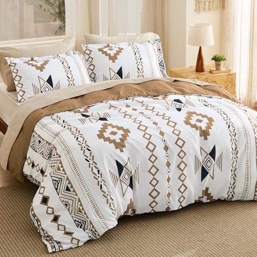 Image of Bedsure Duvet Cover Queen Size - Modern Boho Geometry Floral Duvet Cover Set with Zipper Closure, 3 Pieces Hazel Bedding Set with 8 Corner Ties and 2 Pillow Shams 20 inchx26 inch