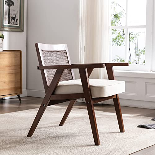 Hny Mid Century Modern Accent Chairs Set Of 2, Retro Farmhouse Rattan Back Upholstered Armchairs, Espresso Wood Frames, Large Leisure Slipper Chair For Living Room Bedroom, Beige #TOP1