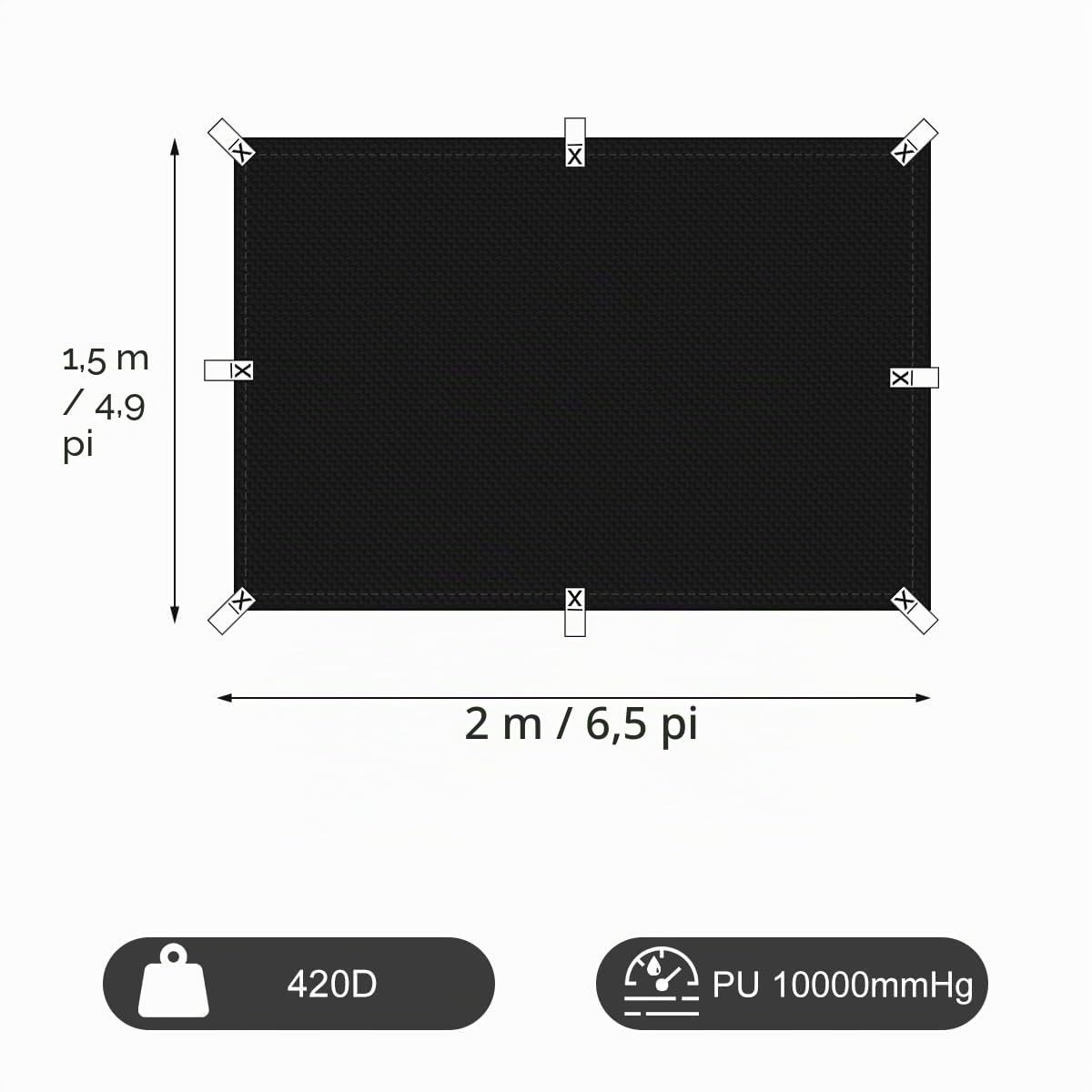 Bâche imperméable d'extérieur - Noir - 1,5 x 2 m - Tissu Oxford 420D léger avec boucles renforcées - Résistante à la déchirure - Protection UV pour camping, randonnée, abri