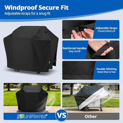 Image of SunPatio Gas Grill Cover 60 Inch, Outdoor Heavy Duty Waterproof Barbecue Gas Cover, UV and Fade Resistant, All Weather Protection Compatible for Weber Charbroil Brinkmann Grills and More, Black