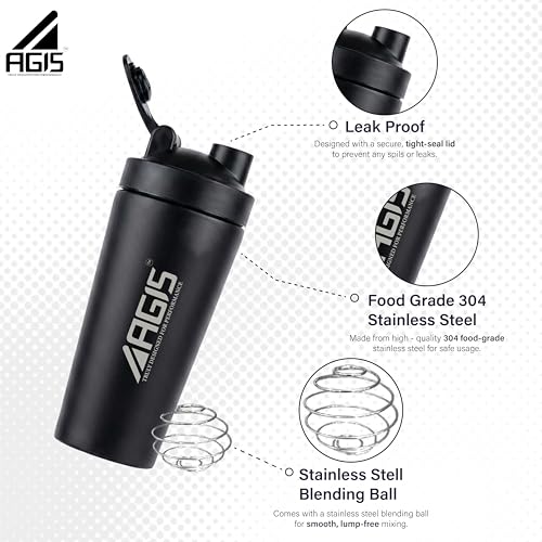 Image of AGIS Steel Shaker Stainless Steel 700ml Leakproof Shaker Bottle with Measurement Marking, Perfect for Fitness Enthusiast & Athletes, Ideal for Mixing Protein Shakes & Pre-Workout Formula (Black)