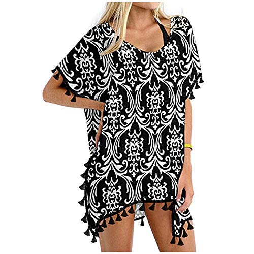 AUQI Women Bohemian Cover Ups Vintage Printed Floral Beachwear with Tassel Swimsuits (Black, XL)