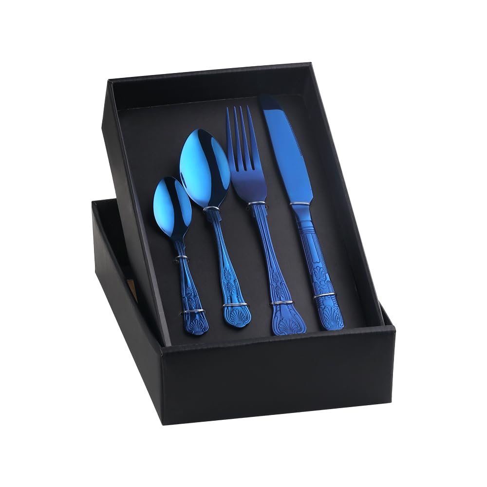 Blue Cutlery Set for 4 People, BUYER STAR 16 Piece Stainless Steel Flatware Set, Shell Shape Pattern Tableware Silverware Set with Spoon Knife and Fork Set, Dishwasher Safe & Mirror Polished