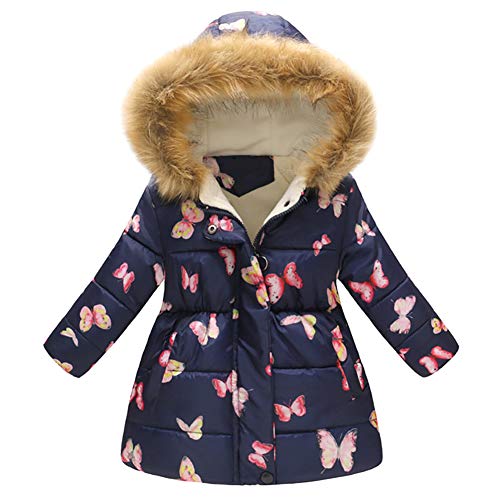 Odizli Kids Toddler Baby Girls Boys Fall Light Puffer Floral Print Faux Fur Hoodie Zip Up Fleece Jacket Thick Down Winter Warm Coats Windproof Peacoat Overcoat Outwear Windbreaker Blue-Butterfly 2-3 Years cover