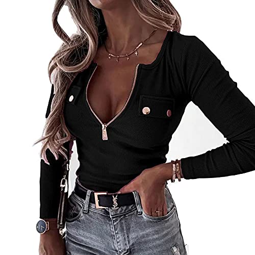 Womens Long Sleeve Henley T Shirts Button Down Slim Fit Zipper Tops Scoop Neck Ribbed Knit Shirts(Black,Large) #TOP1