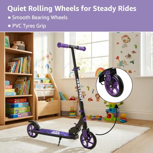 Image of Amazon Brand - Jam & Honey Kids Kick Folding Scooter for Kids (2+ Years) | 3- Step Height Adjustable Handle, Smooth Bearing Wheels & PVC Tyres | BIS Certified | Purple