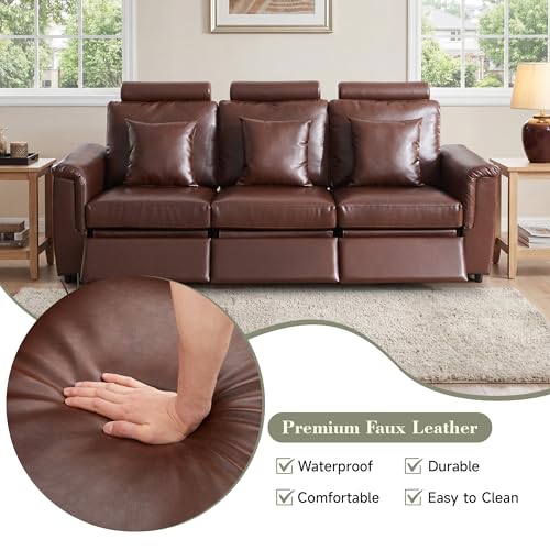 Image of RARZOE Manual 3-Seater Recliner Sofa, Faux Leather 3 Seat Reclining Couches with Headrest, Modern Comfy Recliner Sofa Set with 3 Recliner Chairs for Living Room Home Theater, Brown