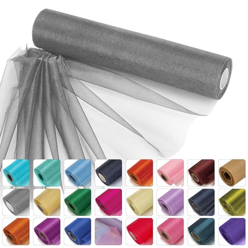WedDecor 25m x 29cm Snow Sheer Organza Rolls Glitter Fabric for Table Runner Sashes Wedding Decoration, Chair Cover Bows, Table Back Drop, Ribbon Crafting Supplies, Dark Silver, 1pc
