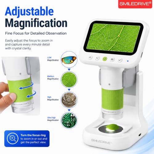 Image of SMILEDRIVE Digital Microscope with 1000X Magnification | 4.3 Inch Screen | USB PC Connectivity | 8 Led lights & 1 backlight | HD Photo & Video Recording | Handheld & Rechargeable | Dual light sources