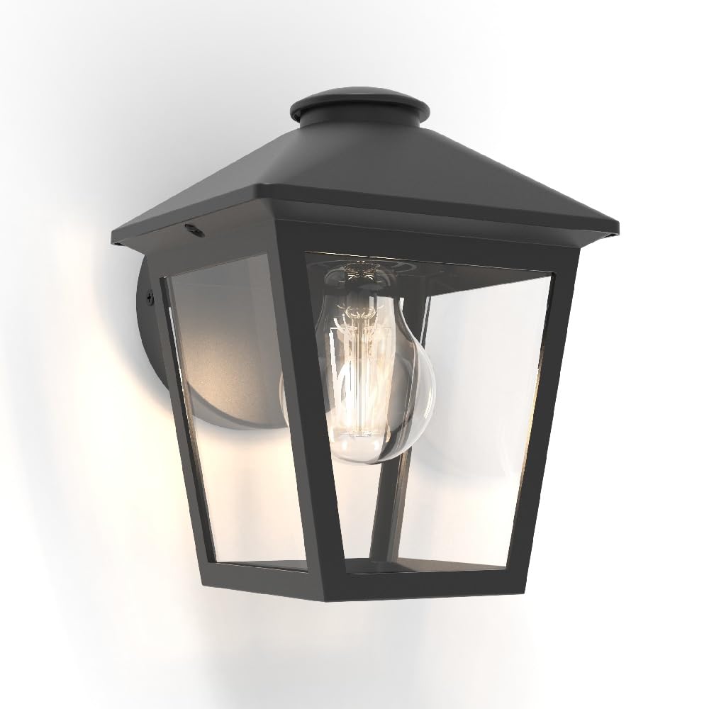 Britalia Outdoor Wall Light, Matt Black with Clear Glass, Aluminium, 19.9x16x16.3cm, IP44 Rated, Vintage Tapered Cube Lantern