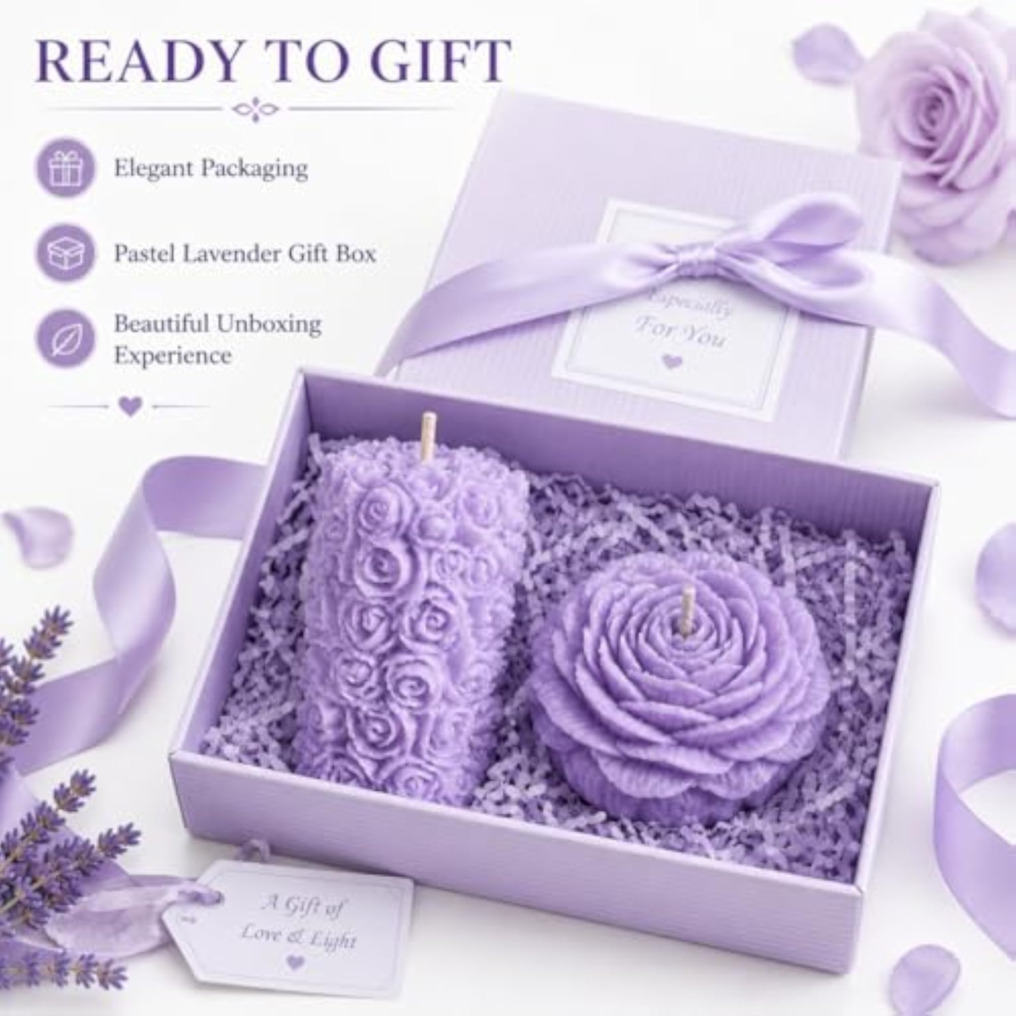 Rosette Pillar & Bloomed Rose Decorative Candle Gift Set