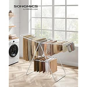 SONGMICS Clothes Drying Rack, with Sock Clips, Metal Laundry Rack, Foldable, Space-Saving, Free-Standing Airer, with 2 Height-Adjustable Gullwings, Indoor Outdoor Use, White and Gray ULLR052W02 SONGMICS Clothes Drying Rack with Sock Clips Metal Laundry Rack Foldable Space Saving Free Standing Airer with 2 Height Adjustable Gullwings Indoor Outdoor Use White and Gray ULLR052W02