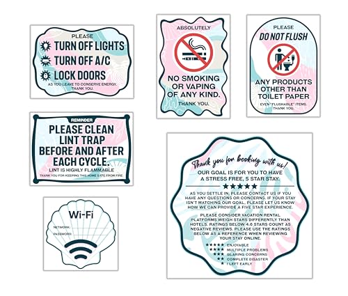 L & O Goods 6 Essential Air BnB Signs for Hosts – WiFi Password, No Smoking, Do Not Flush, Turn Off Lights & AC, Leave a Review – Guest Welcome Décor for Vacation Rental or Home
