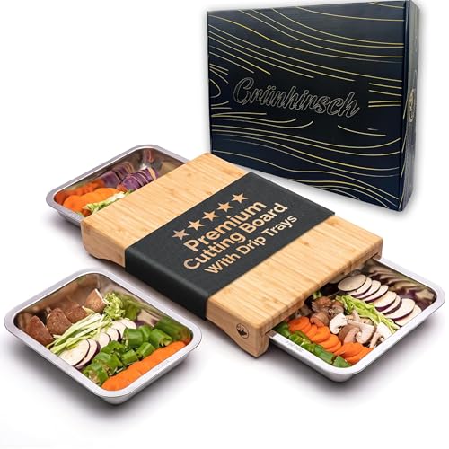 Grunhirsch Premium Schneidebrett Bambus mit 3 x Auffangschale (Gr. 40x30x7cm) - Holzbrett & Küchenbrett Küche - Profi Cutting Board Set aus Holz - Holzschneidebrett mit 3 Auffang-Behälter (groß)