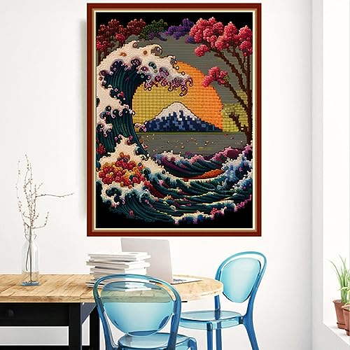 Image of Redxing Stamped Cross Stitch Kits Embroidery kit for Beginners Adults Full Range of Embroidery Patterns Starter Kits DIY Printed Cross Stitch Kits Needlepoint Kits 11CT-Wave Moon 15.7x19.7 inch