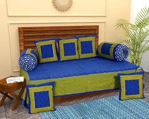 Ruby Creation 100% Cotton Diwan Set Bed Sheet Width 60 Inch Length 90 inch Cushion Cover Length 15 inch /40 cm Width 15 inch /40 cm bloster Cover Length 29 inch /75cm (Blue & Green)