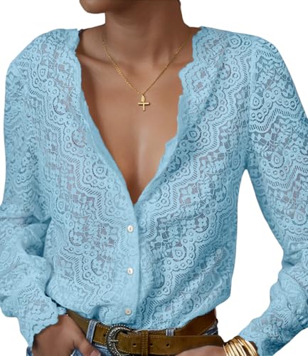 LUXVEER Lace Tops for Women Dressy Casual Blouses Puff Long