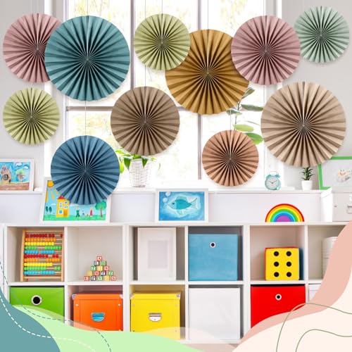 Image of 18 Pcs Boho Hanging Paper Fans Decor Back to School Paper Fans Round Garlands Bulletin Board Classroom Decorations for Birthday Classroom Neutral Baby Shower Backdrop Party Supplies