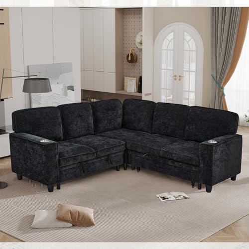 Image of KEIKI 81 inch L-Shaped Oversized Chenille Modular Sectional Sleeper Sofa with Pull-Out Bed, Storage Seat, Modern 5-Seater Upholstered Couch Bed with Charging Station, Easy Assembly, for Living Room, Black