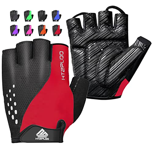 HTZPLOO Bike Gloves Cycling Gloves Biking Gloves for Men Women with Anti-Slip Shock-Absorbing Pad,Light Weight,Nice Fit,Half Finger Bicycle Gloves (Red, Large)