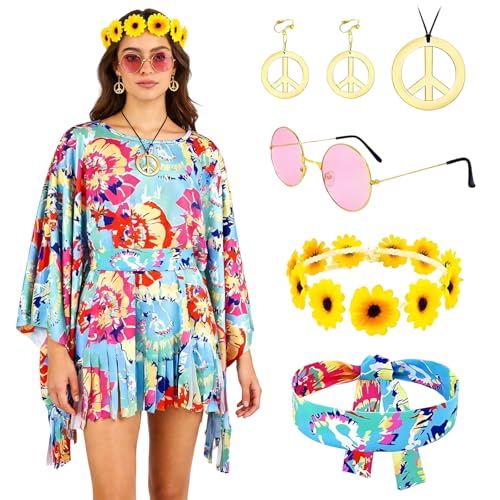 Lot de 6 Deguisement Annees 80s 70s 60s Deguisement Hippie Femme, Poncho Flower Power, Boucles d'oreilles, Collier, Bandeau Marguerite, Bandeau, Lunettes de...