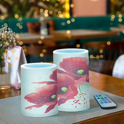 Image of Red Poppies Flickering Flameless Candles LED Battery Operated with Remote Timer Pillar Candles for Home Birthday Wedding Christmas Decor, Set of 2