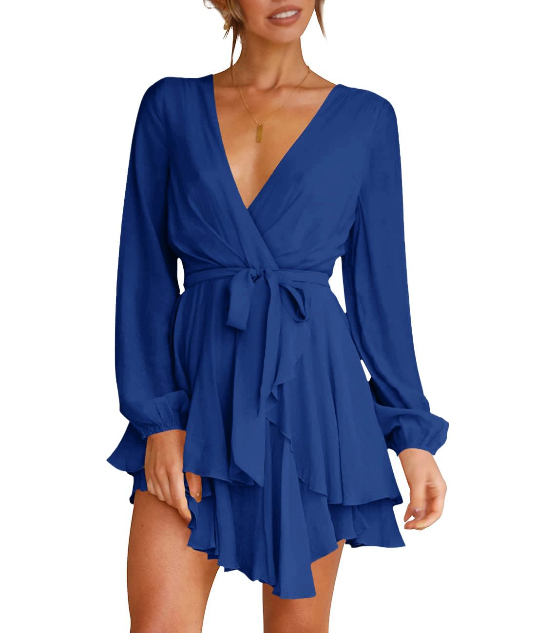 Wenrine Damen Kleider Sexy Tiefer V-Ausschnitt Freizeitkleid A Linie Rüschen Minikleid Langarm Wickelkleid mit Gürtel