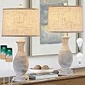28" Farmhouse Table Lamp for Living Room, Rustic Touch Bedside Table Lamps Set of 2 with USB Charging Ports,3-Way Dimmable Nightstand Lamps for Bedroom,Oatmeal Linen Lampshade,LED Bulbs Included