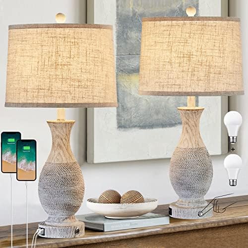 26.5" Farmhouse Table Lamp for Living Room, Rustic Touch Bedside Table Lamp Set of 2 with USB Charging Ports,3-Way Dimmable Nightstand Lamps for Bedroom,Oatmeal Linen Lampshade,LED Bulbs Included