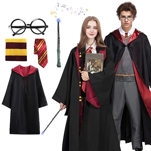 Amycute Costume de Magicien, Déguisement Adulte Enfant avec Cravate, Lunettes Noires Rondes, Écharpe et wand, Kit Robe Sorcier d'accessoires pour Halloween Fête Carnaval Party Noël (145)