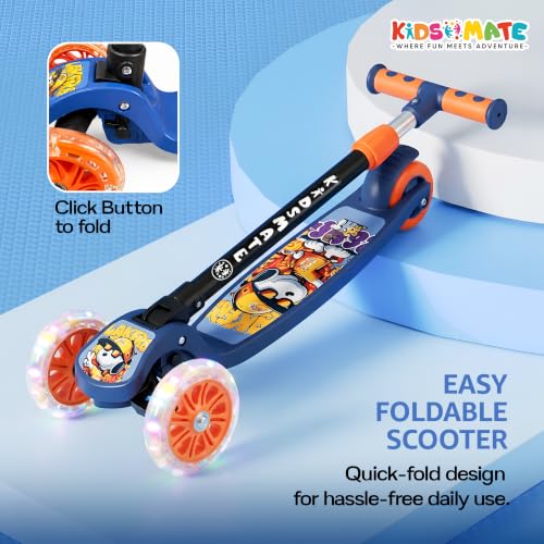 Image of Kidsmate Flashwheel Kick Scooter for Kids with LED Wheels | 3-Wheel Skate Scooter for Boys & Girls of Ages 2-12 Years | 5-Level Adjustable Height, and Easy Fold Design Scooter for Kids (Blue Orange)