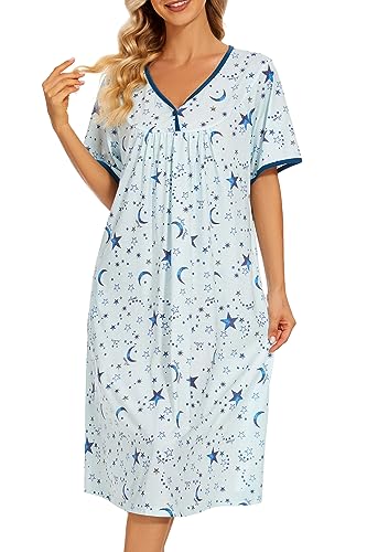 Image of AVIIER Nightgows for Women Soft Cotton Night Shirts Short Sleeve Sleepwear with Pockets