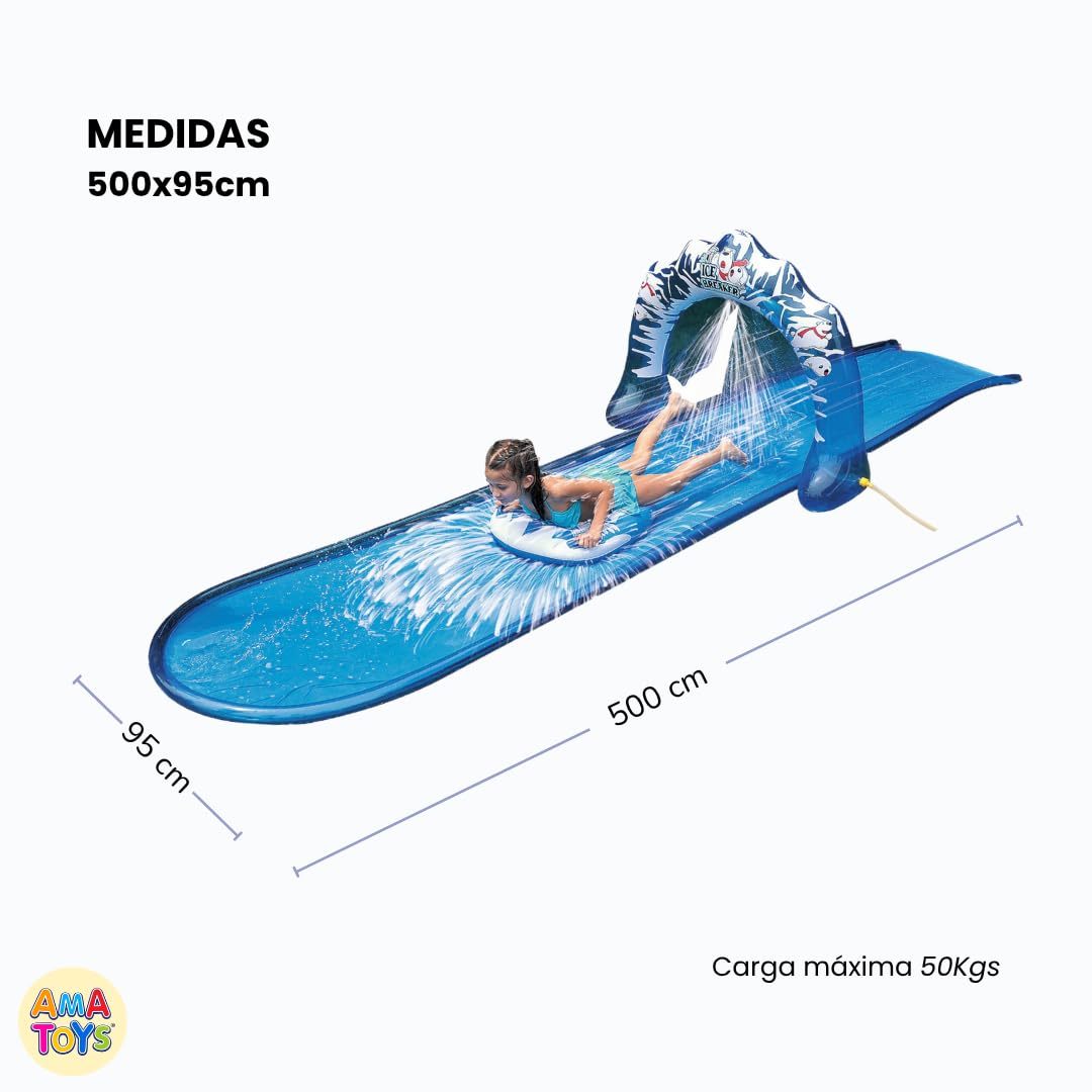 Tobogan Acuatico 500x95 cm para Niños – con Doble Deslizamiento, Rociadores de Agua y Tabla de Surf – Juguete de Verano al Aire Libre para Jardín, Piscina o Cesped