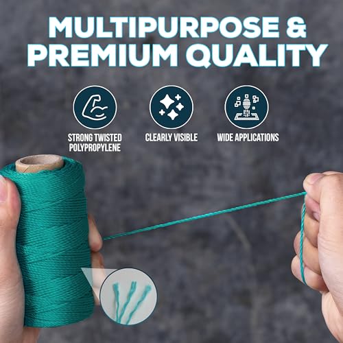 Image of Mason Line String 1.3mm Thick Twisted Polypropylene - Durable Construction Twine for Laying Bricks, Blocks, Fences in Gardening, DIY & Landscaping Projects (Green, 393 Ft)