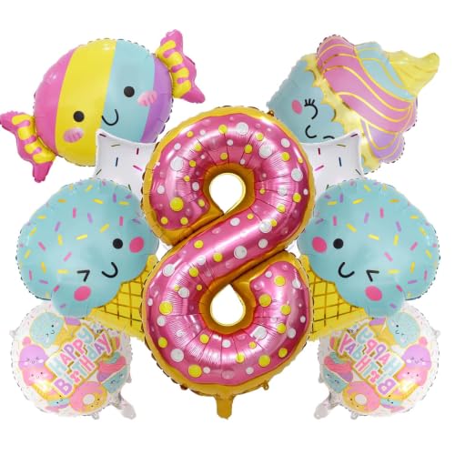 11Pcs Ice Cream Balloons, Candy 8th Birthday Decorations 32 inch Number Pink Eight Year Old Balloon Mylar Foil Balloon Foil Helium Balloons Sweet Ice Cream Theme Birthday Party Supplies