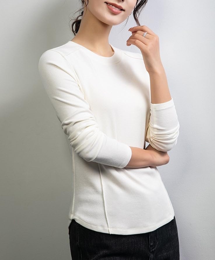 Freaswind Dralon Solid Crewneck Tops for Women Autumn Winter Thermal Underwear Warm Long-Sleeved Shirt White