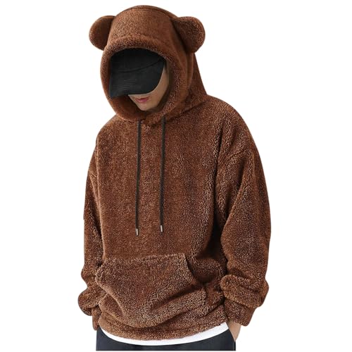 Fuzzy Hoodie Men Sherpa Sweatshirts Cute Bear Ears Long Sleeve Fluffy Fleece Hoodies Winter Warm Pullover Homewear