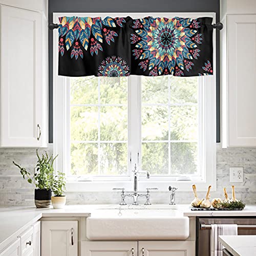 Valance For Windows Polyester Semi Sheer Valances For Living Room Bathroom Bedroom, Boho Style Mandala Pattern Black Background Kitchen Window Valance Rod Pocket Valance Curtains 54X18 Inches #TOP1