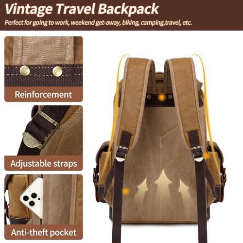 Wogarl Leather Backpack for Men, Waxed Canvas Vintage Backpack Rucksack for Business College Travel Hiking Shoulder Daypacks With Toiletry Bag(Khaki)4