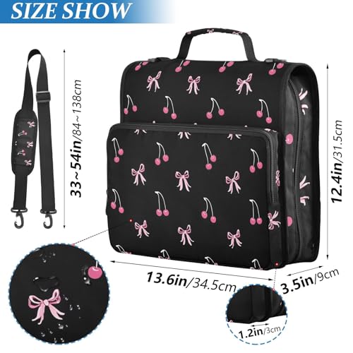 Image of Black Pink Bow Cherry Zipper Binder Bag 3 Ring Binder with Shoulder Strap Zip Up 500 Sheets Capacity Multi Pockets for School Office Supplies