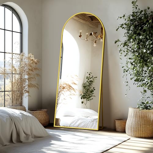 Image of Delma Wall Mirror Full Length, Standing Floor Mirror for Bedroom Bathroom Living Room with Aluminium Frame (with Stand, Arch 69x24-Gold)