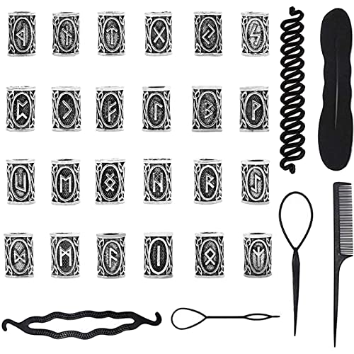 scalingscal Wikinger Bartperlen, Wikinger Bartschmuck Bartperle, Bart Perlen Bartperlen Wikinger Runen, Nordische Runen Perlen Flechten Perlen für Armband Halskette DIY Anhänger Schmuck,24 Stück